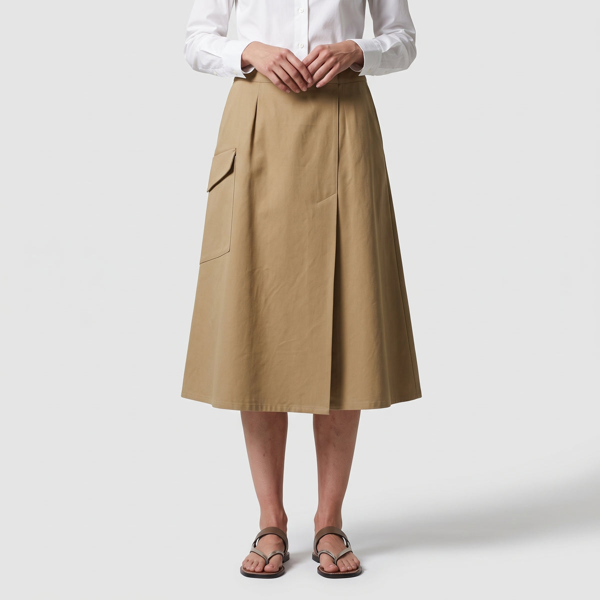 Beige Utility Wrap Midi Skirt
