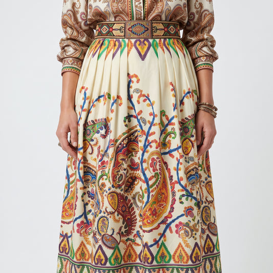 Paisley Print Pleated Midi Skirt