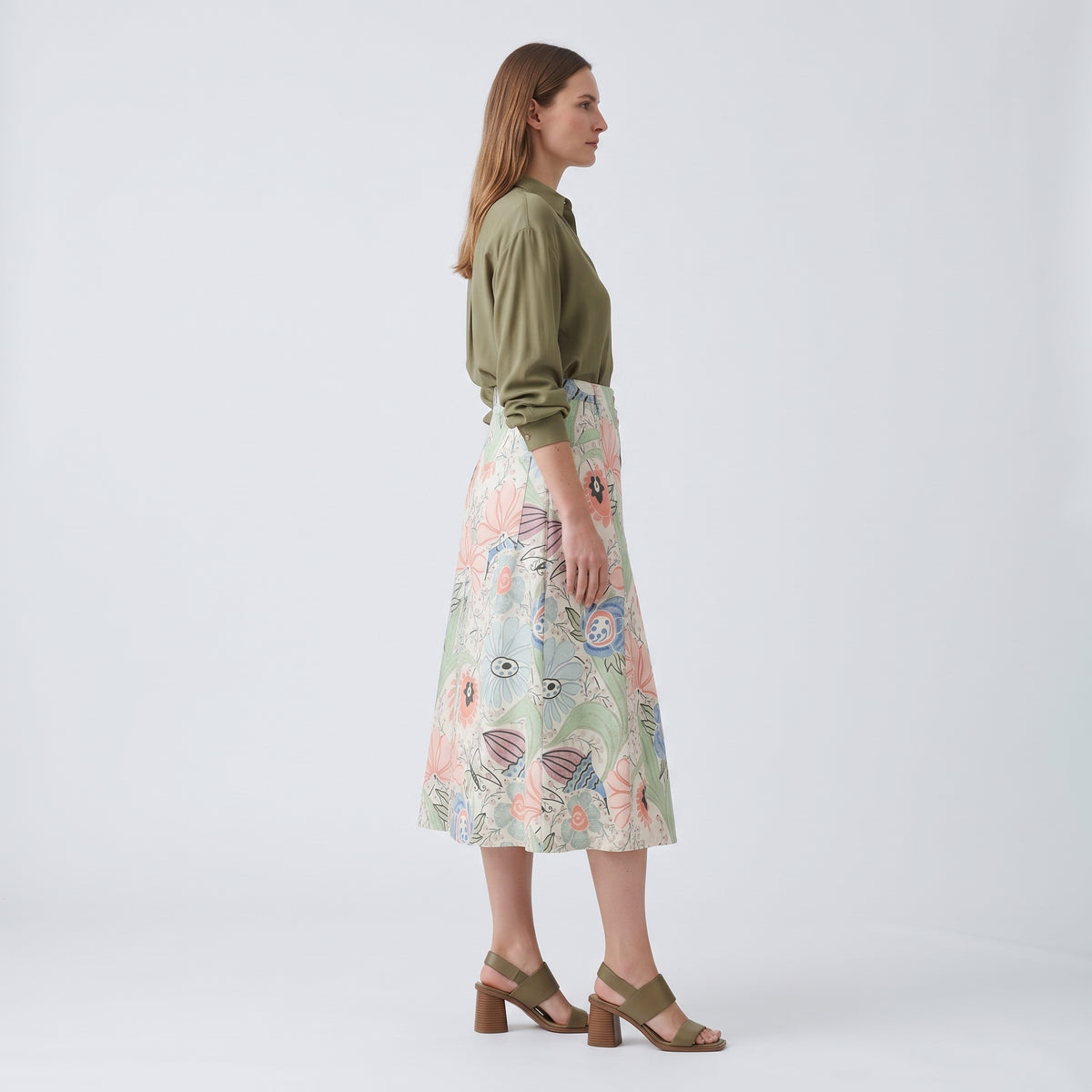 Floral Button Front A-Line Skirt