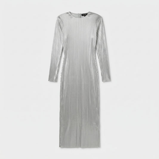 ACT N1 Silver Pleated Long Sleeve Dress