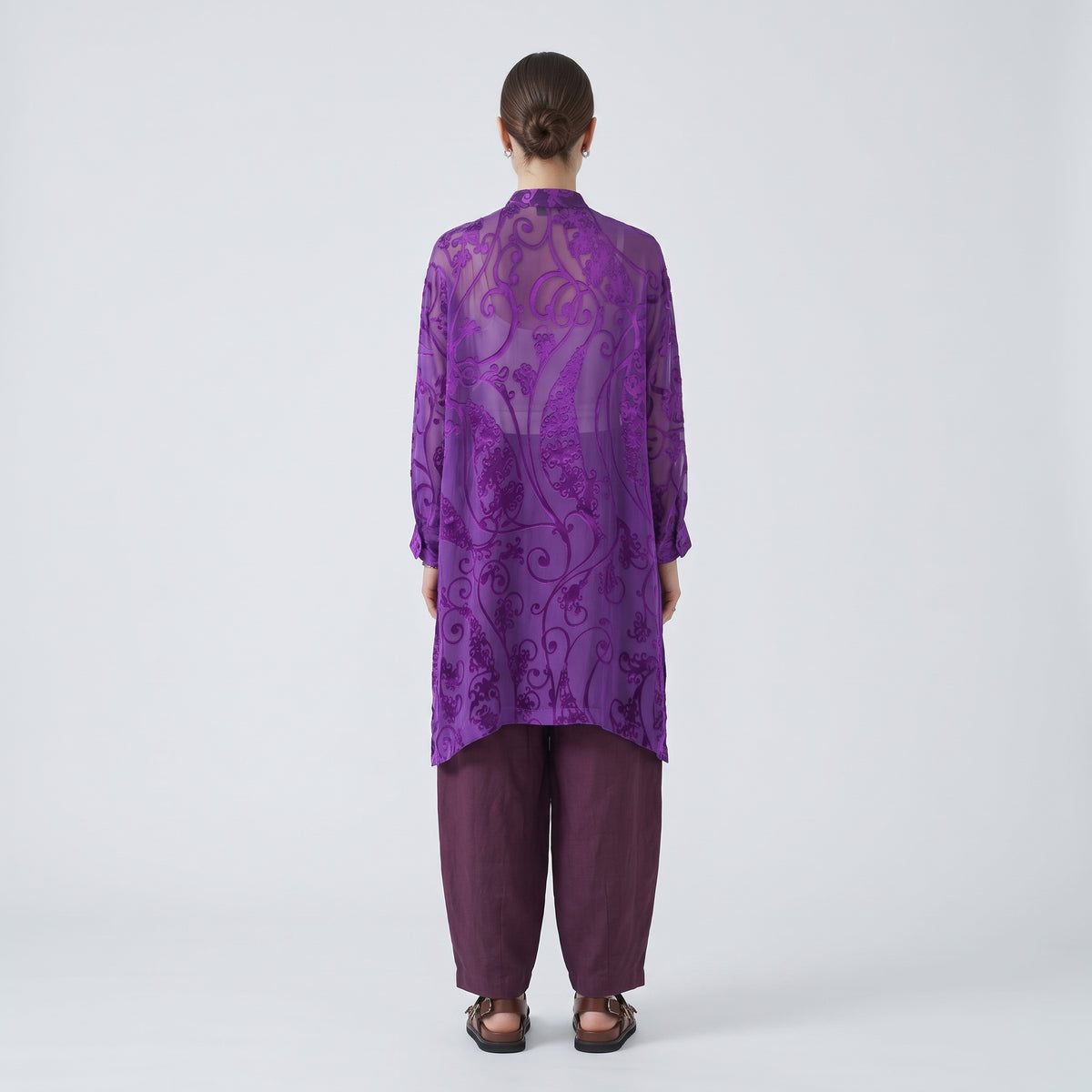 ESKANDAR Collarless Purple Devoré Long Shirt - view 5