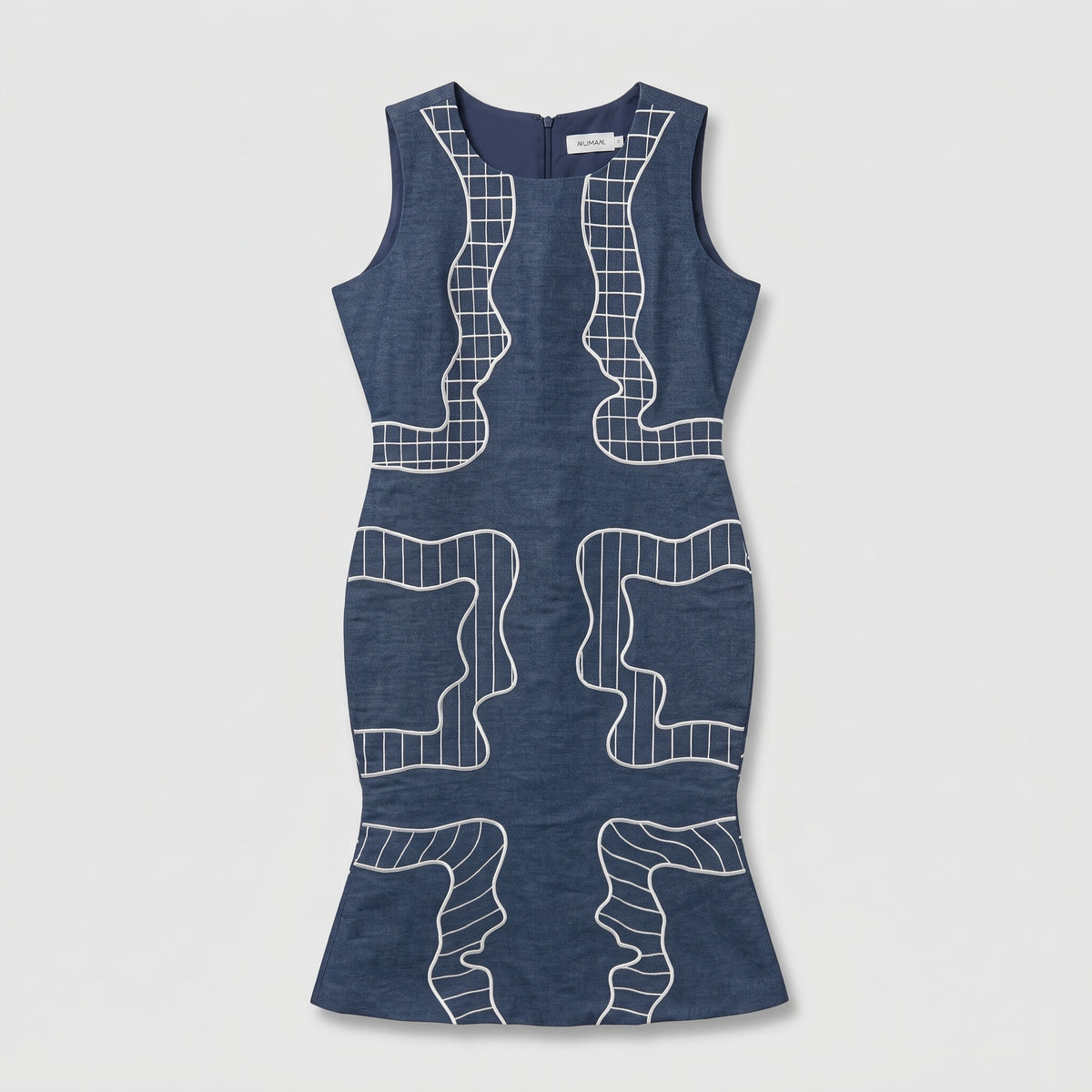 WUMAN Navy Embroidered Flounce Hem Dress