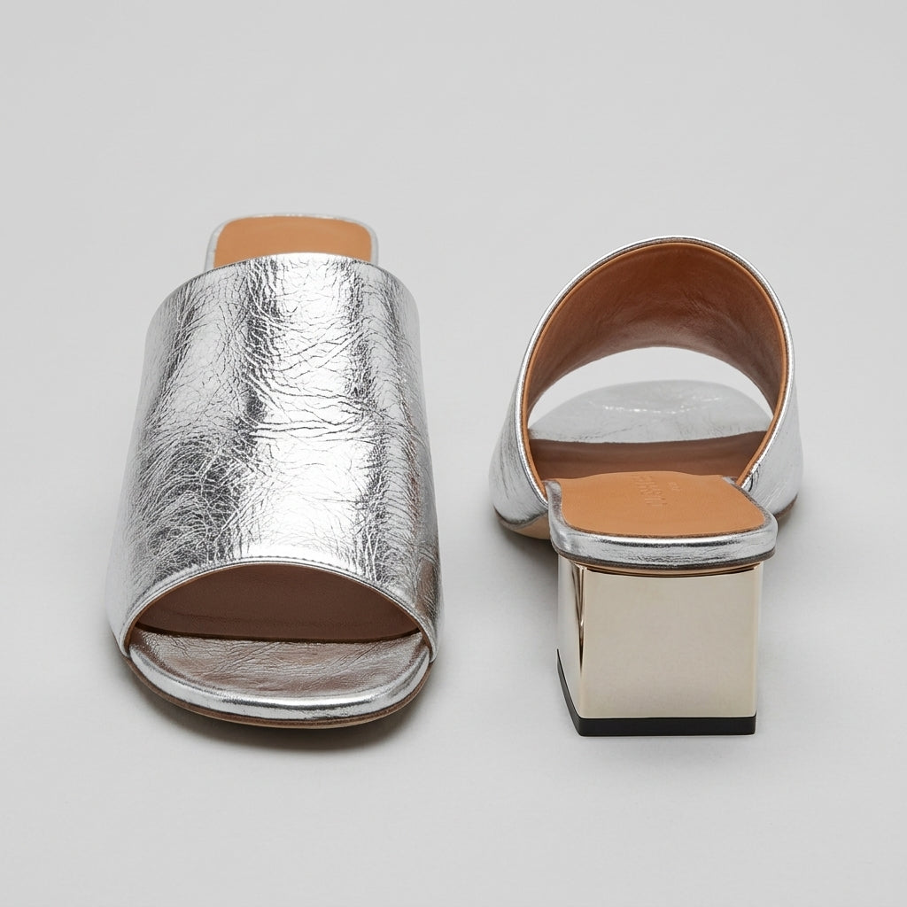 Silver Metallic Block Heel Mules