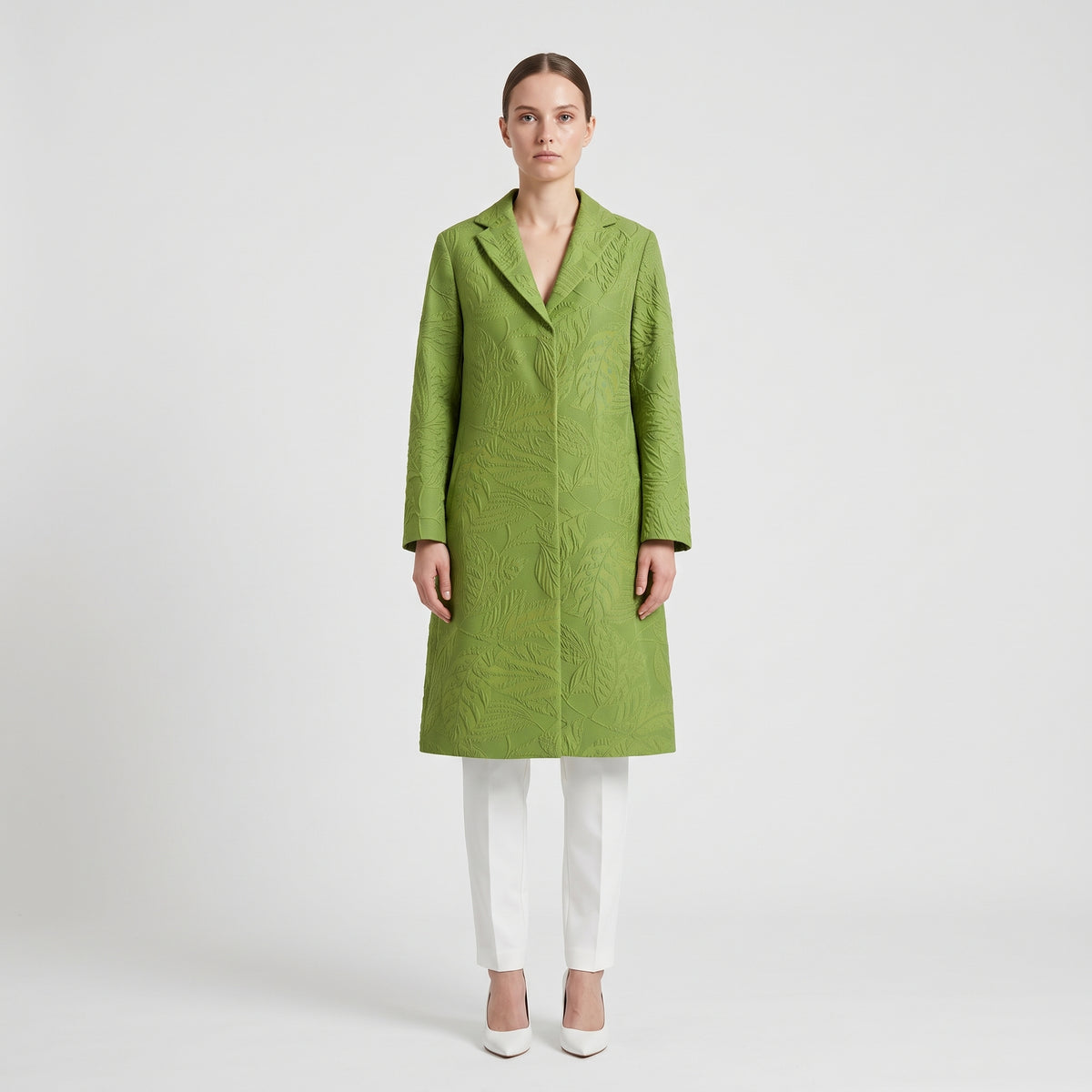 Textured Leaf Print Spring Coat