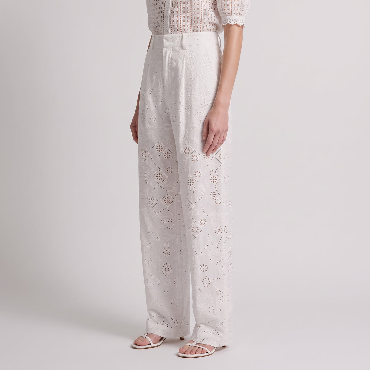 Eyelet Embroidered Wide-Leg Trousers