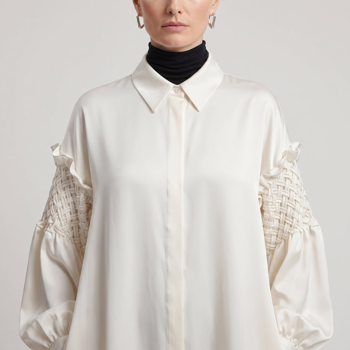 BY FANG Cream Smocked Sleeve Shirt Dress - view 2