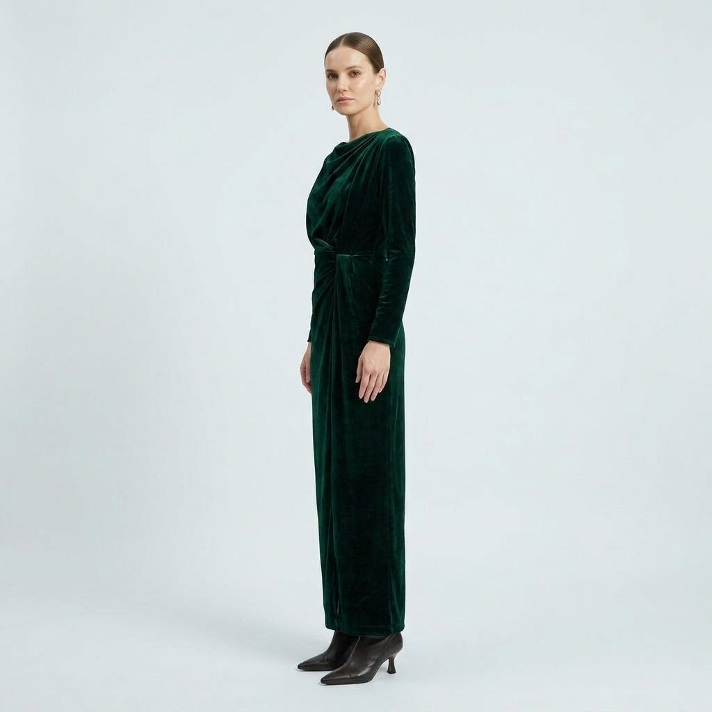 NATAN Draped Emerald Velvet Maxi Dress - view 3
