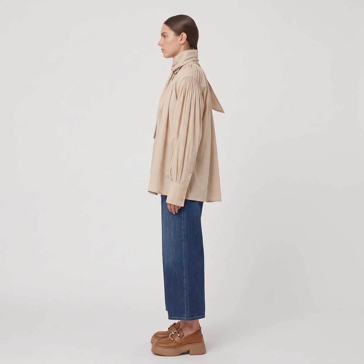 Smocked Tie-Neck Cotton Blouse