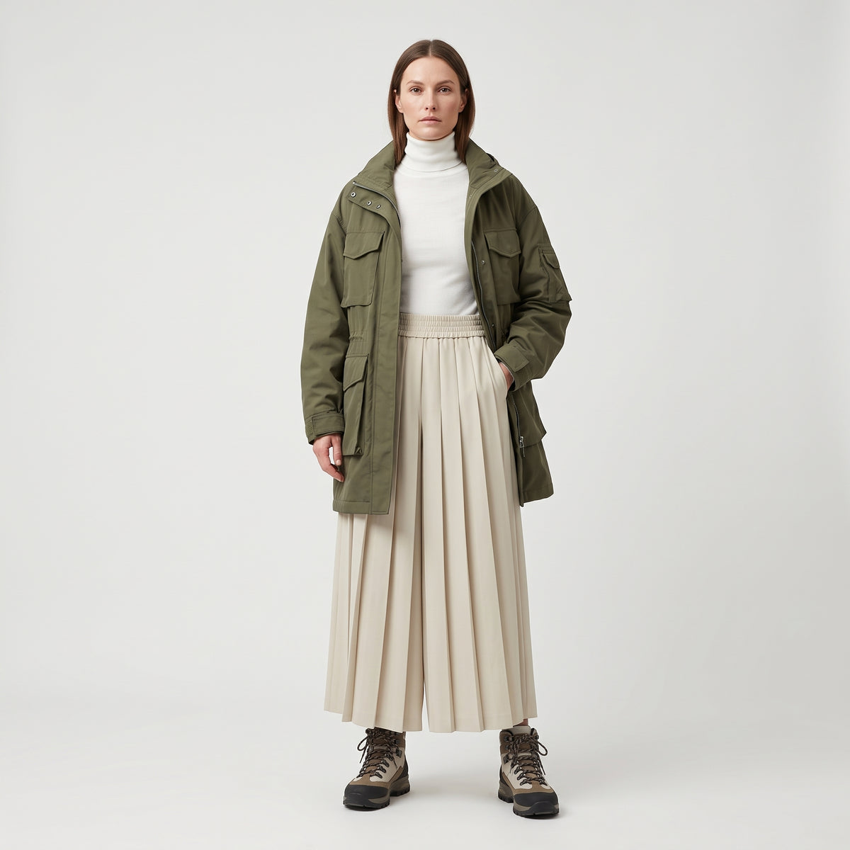 Pleated Wide-Leg Cream Trousers