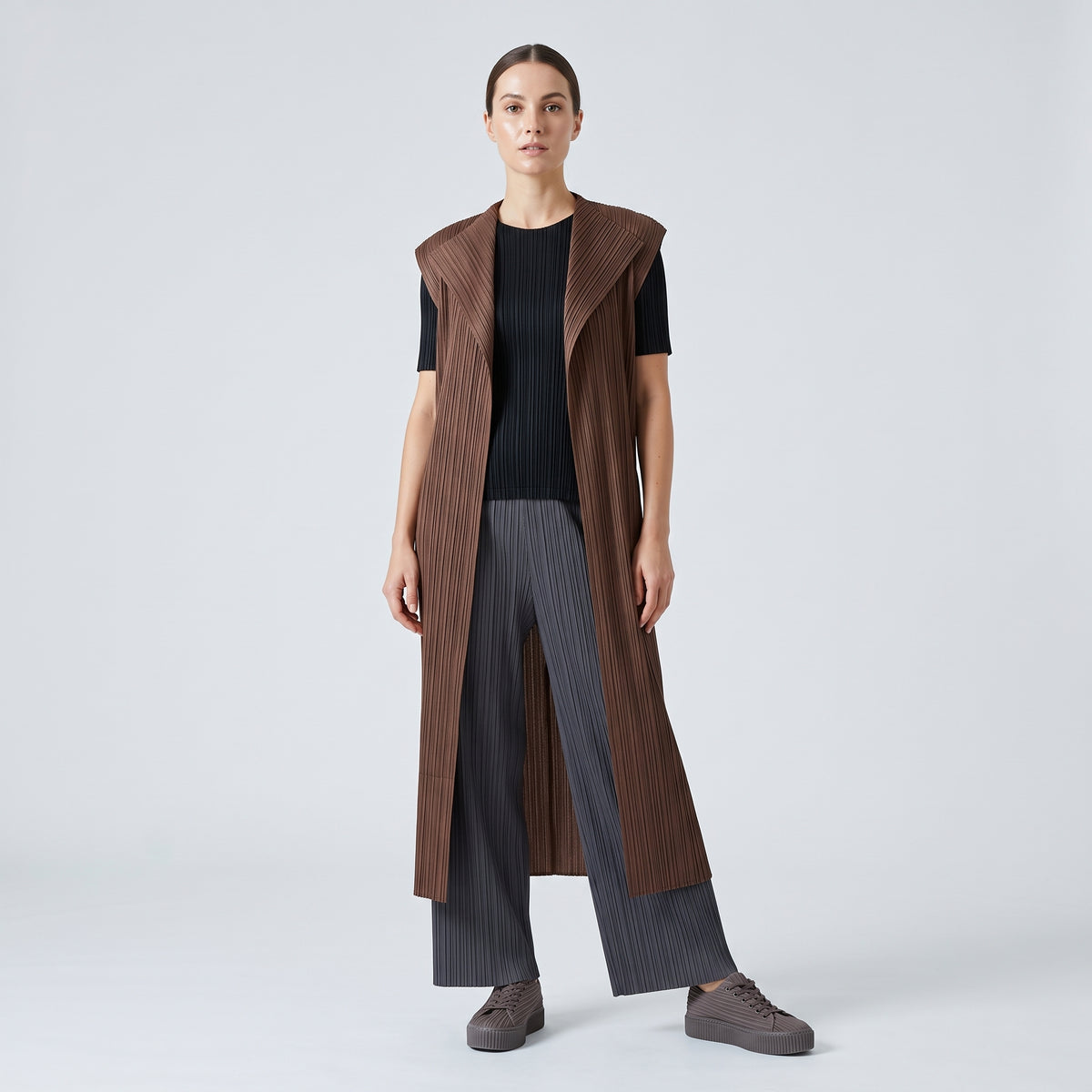 PLEATS PLEASE Brown Pleated Longline Vest - view 3