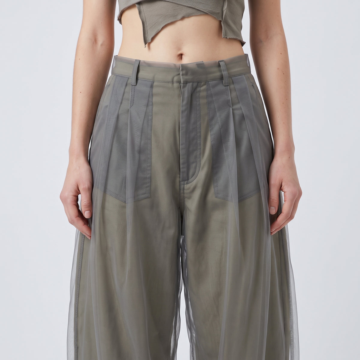 ACT N1 Tulle Overlay Tailored Grey Trousers - view 2