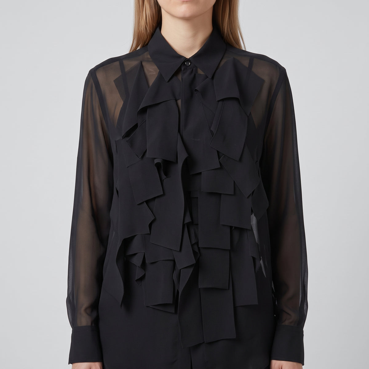 Ruffled Sheer Black Button Shirt