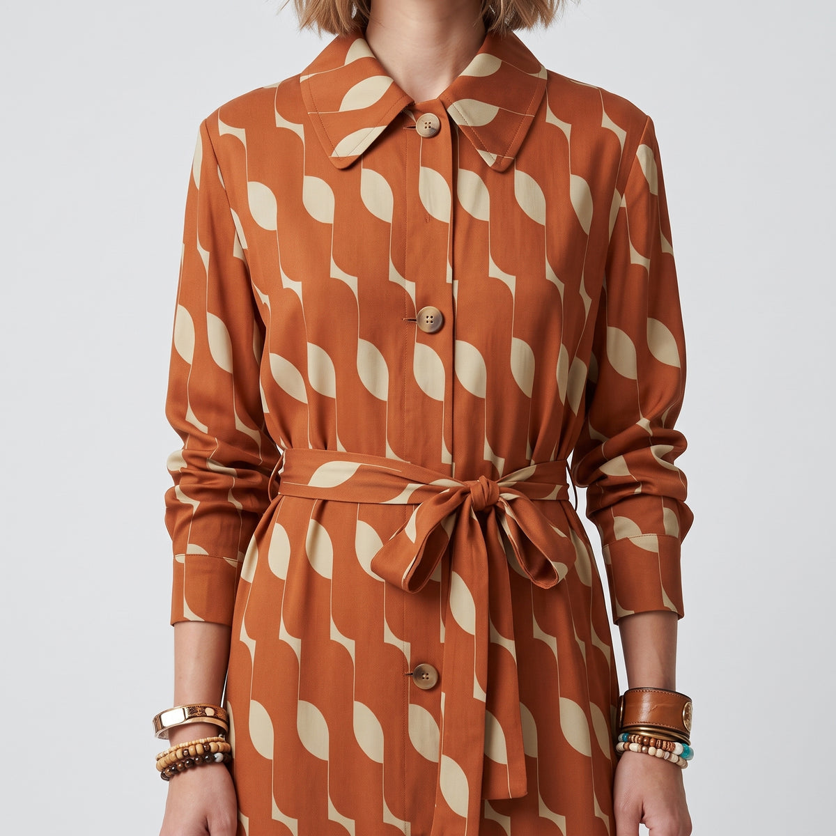 DRIES VAN NOTEN Patterned Rust Belted Coat - view 2