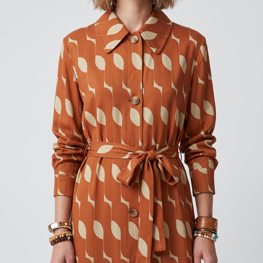 DRIES VAN NOTEN Patterned Rust Belted Coat - view 2