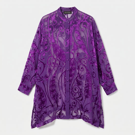 ESKANDAR Collarless Purple Devoré Long Shirt