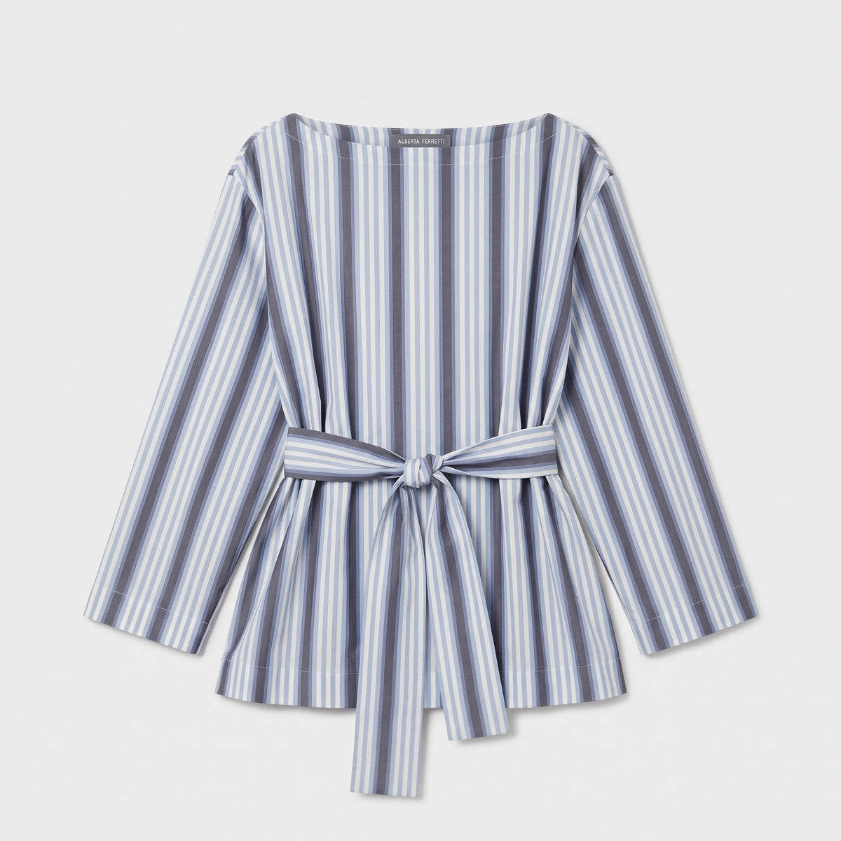 Striped Boat Neck Tie-Waist Blouse