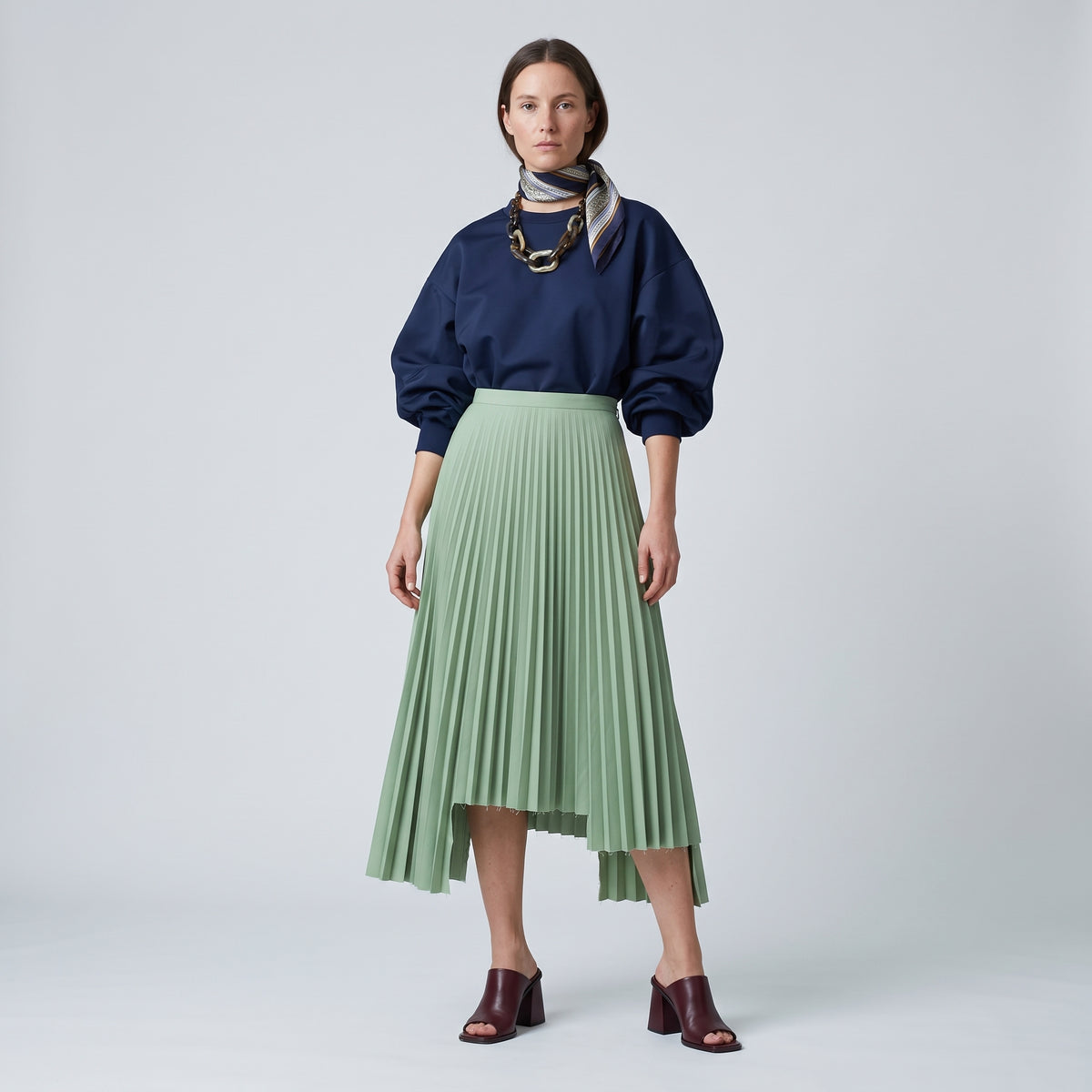 PLAN C Pleated Asymmetric Mint Midi Skirt - view 3