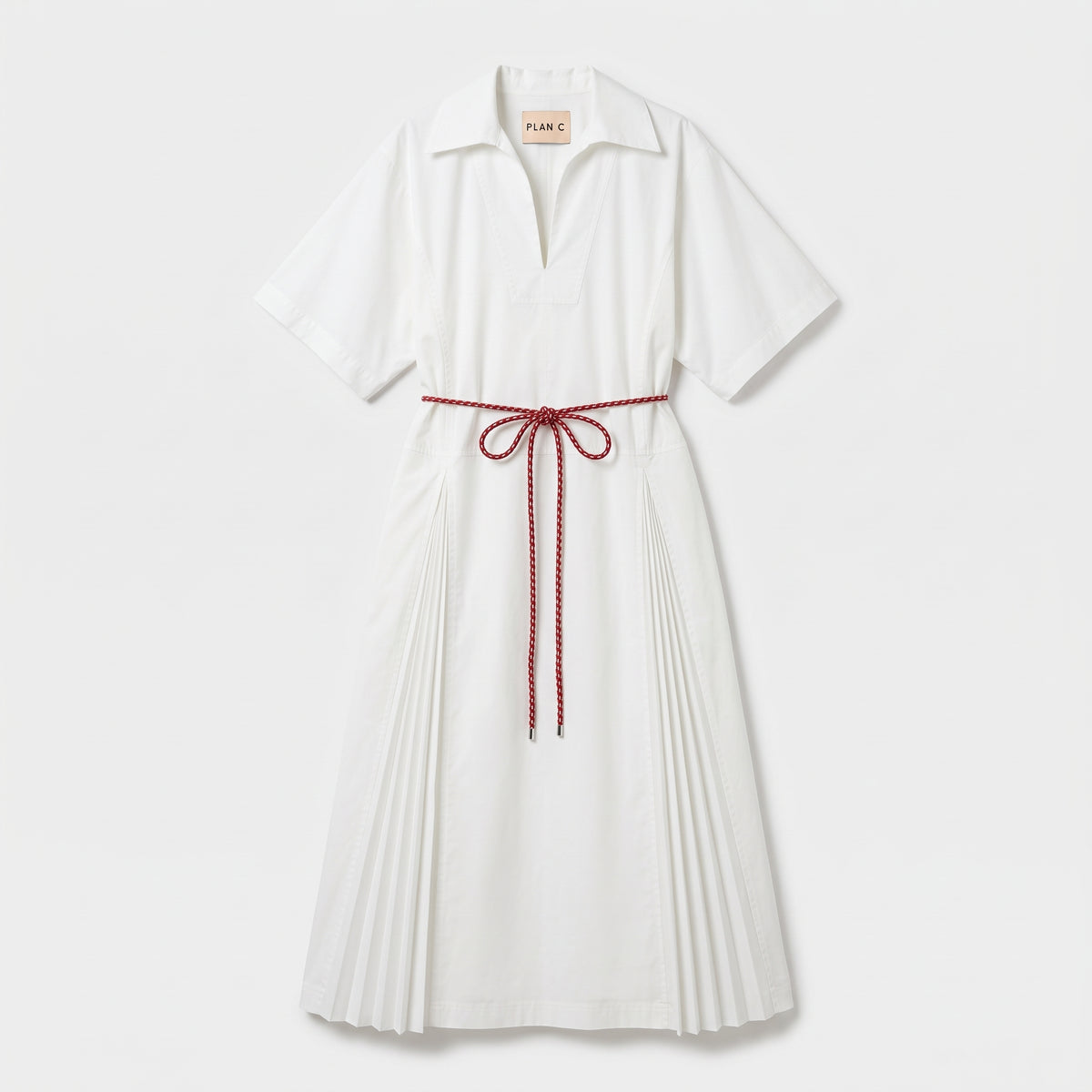 White Pleated Belted Midi Dress