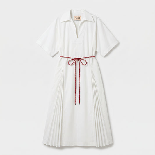 White Pleated Belted Midi Dress