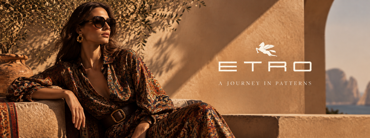 ETRO luxury fashion campaign — model on left and ETRO branding on right