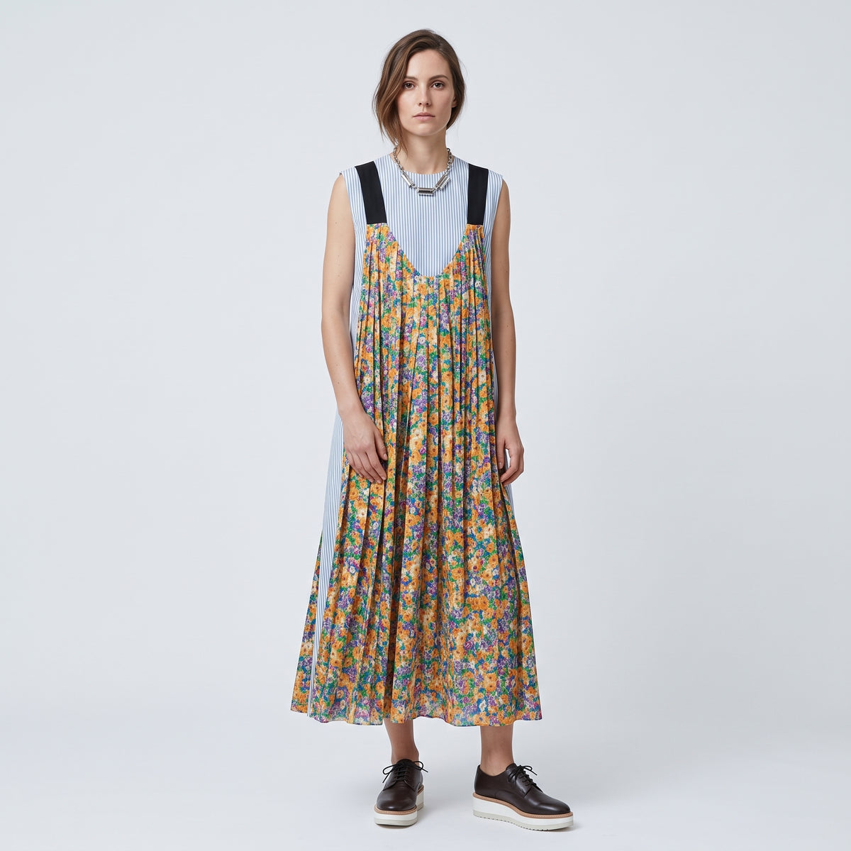 Striped Floral Layered Midi Dress