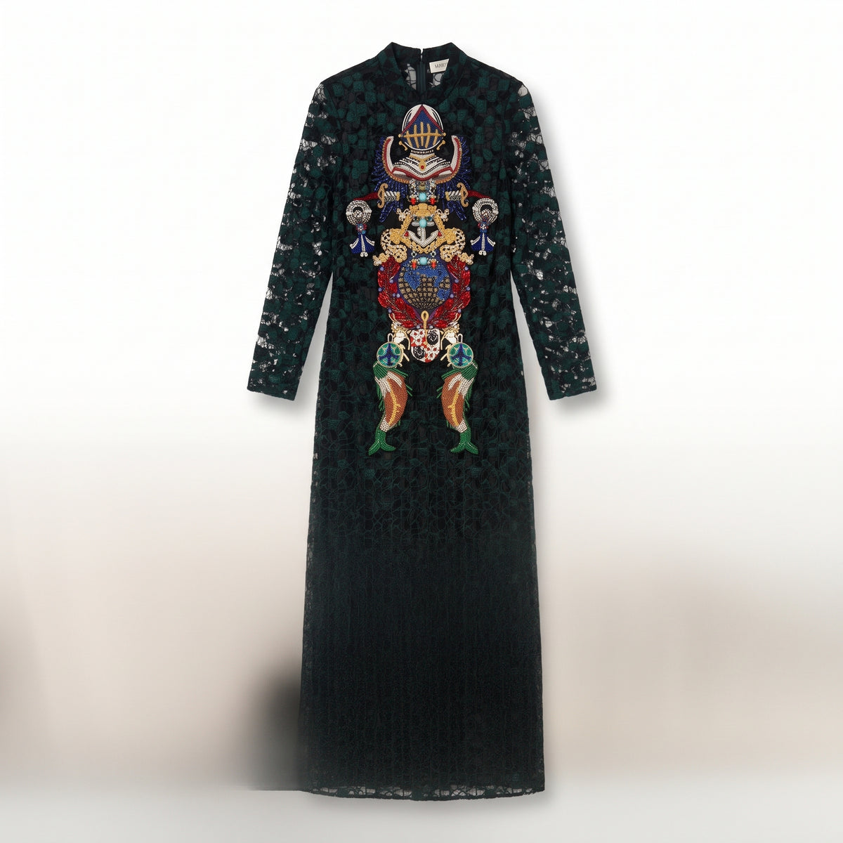 Beaded Emblem Lace Maxi Dress