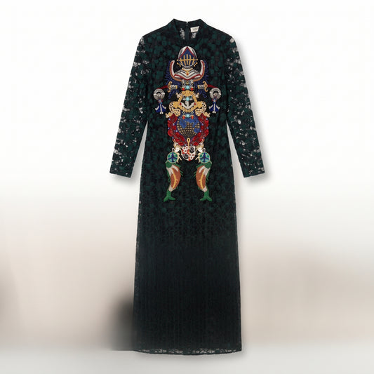 Beaded Emblem Lace Maxi Dress