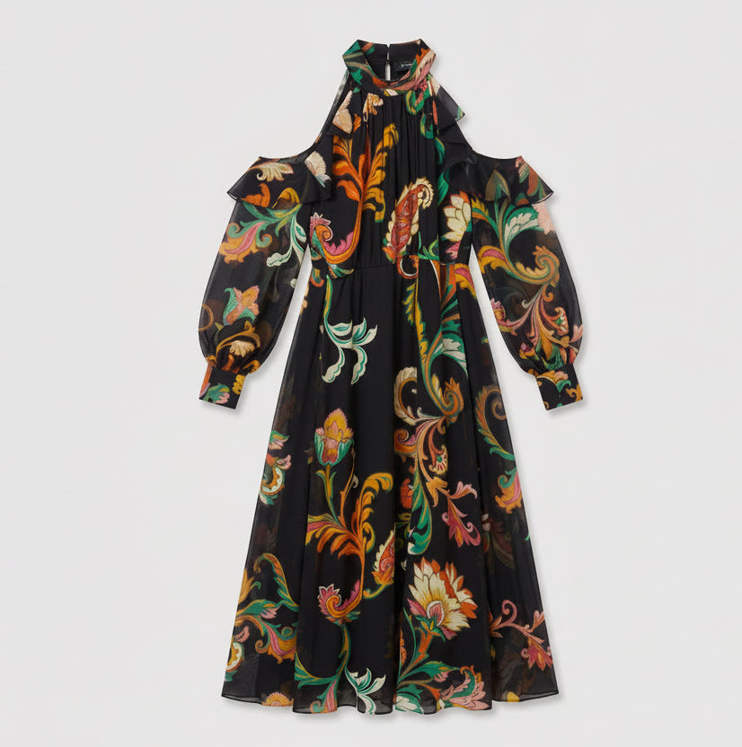 Paisley Cold-Shoulder Midi Dress