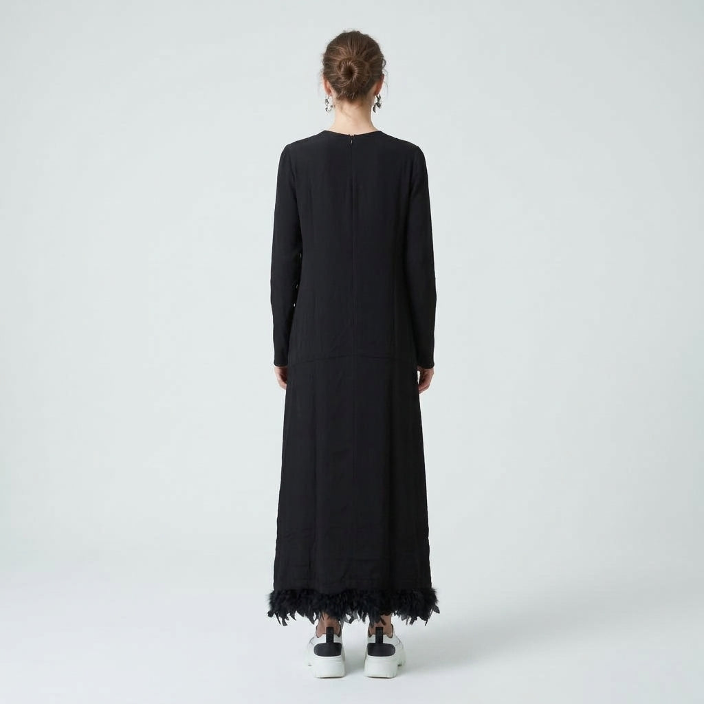 PLAN C Feather Hem Black Midi Dress - view 4