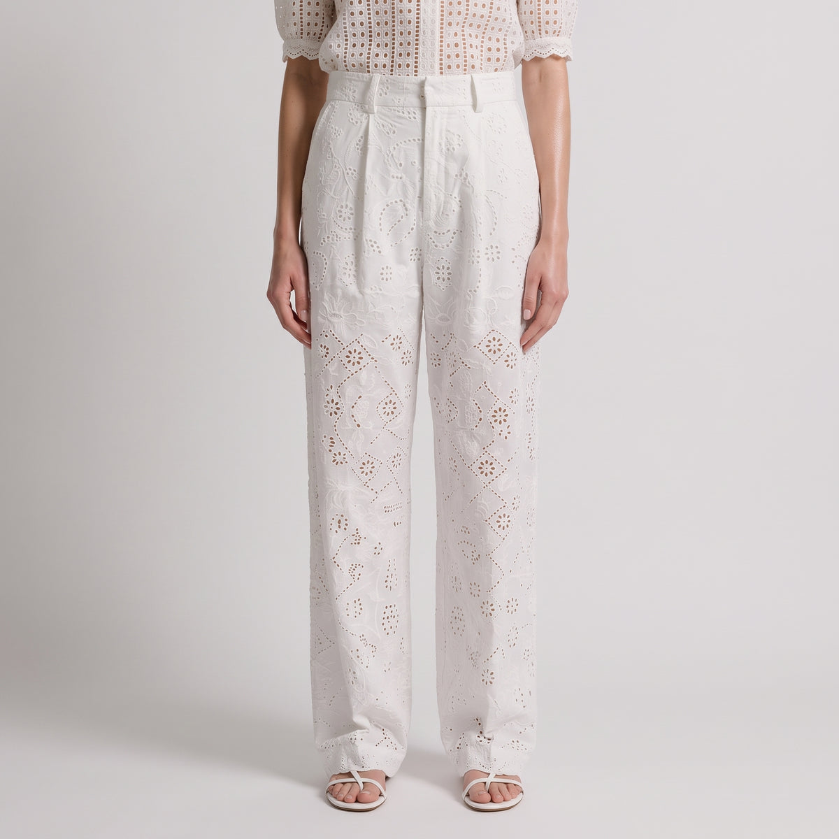 Eyelet Embroidered Wide-Leg Trousers
