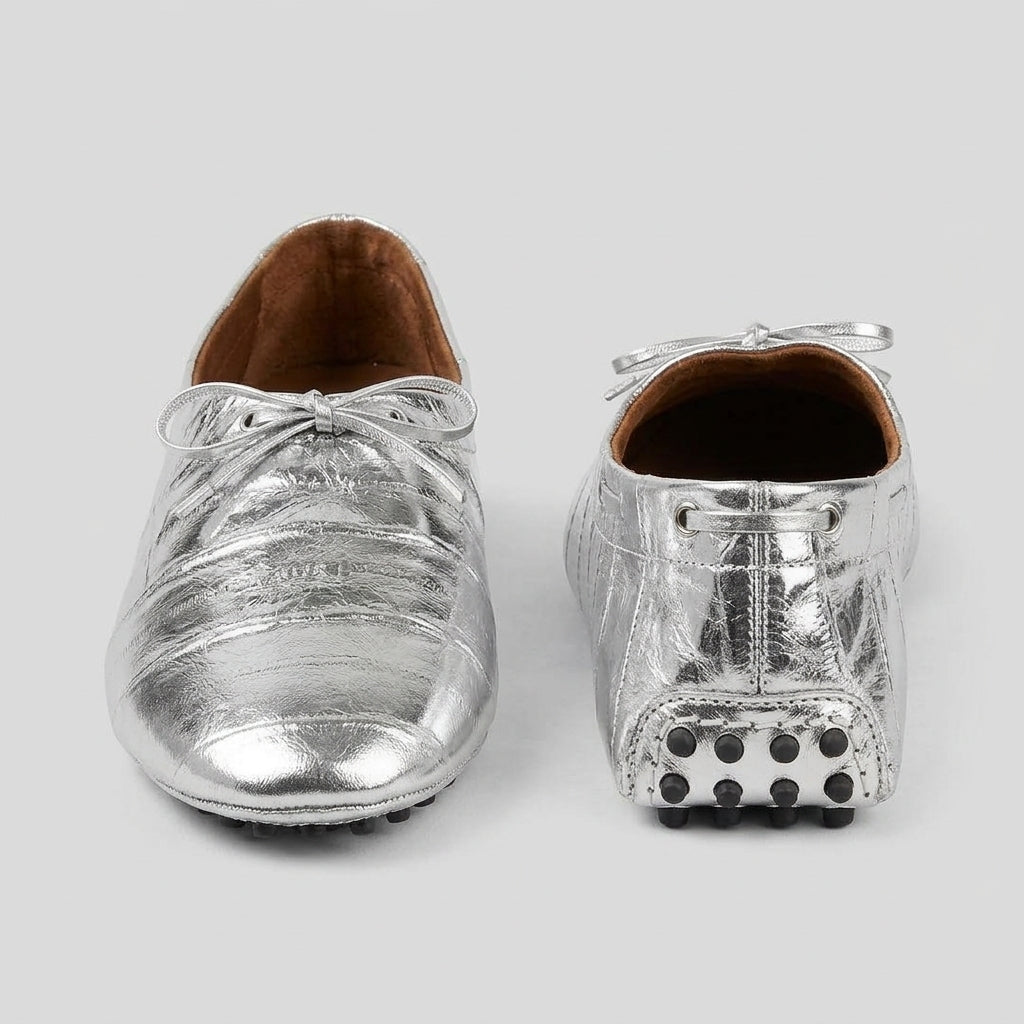 Metallic Silver Leather Loafers
