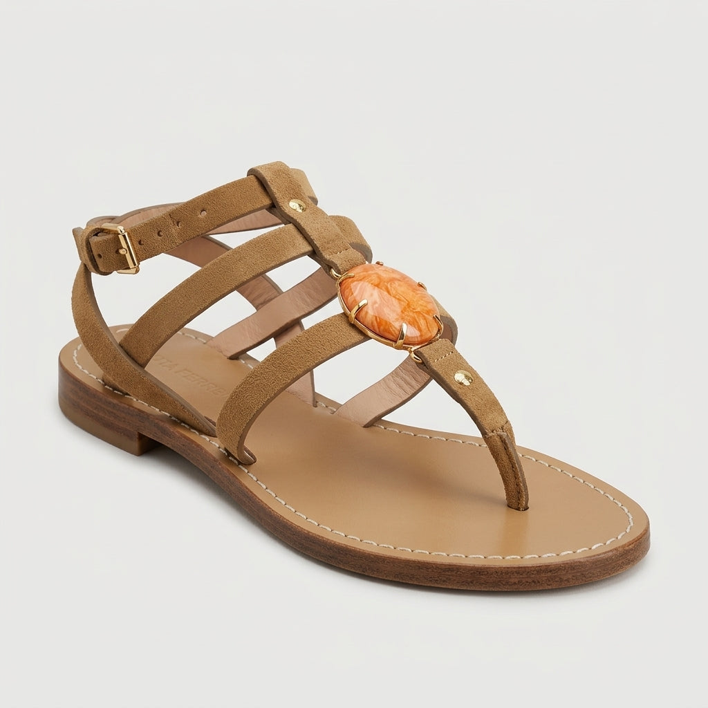 Embellished Brown Suede Sandals