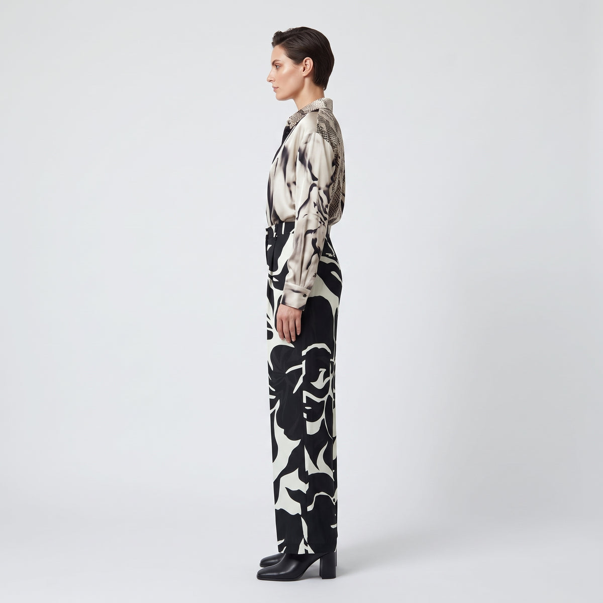 Monochrome Floral Wide Leg Trousers