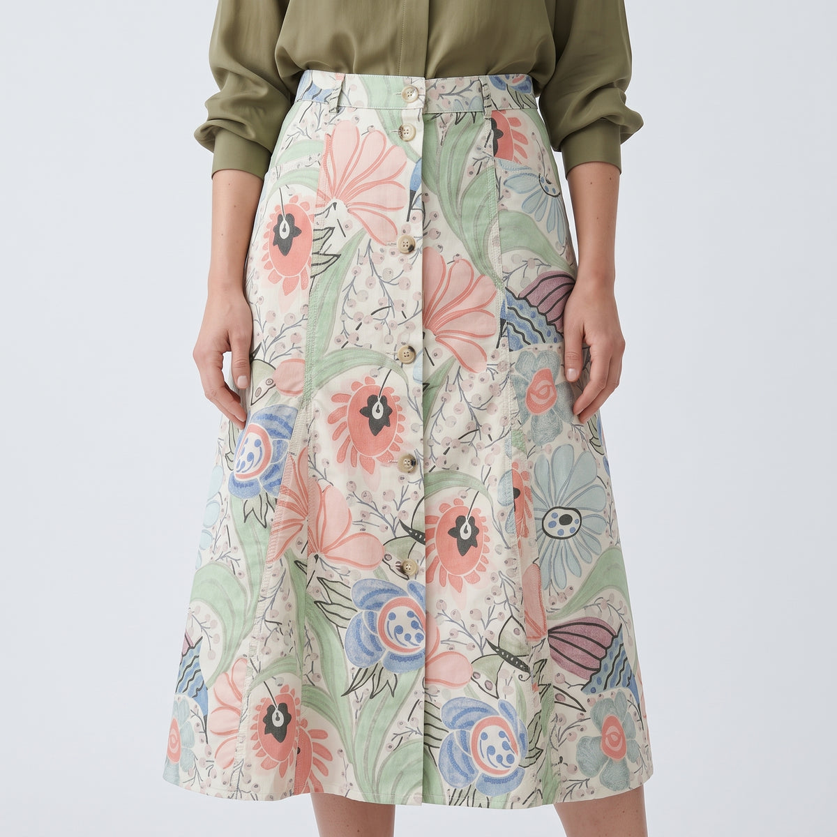 Floral Button Front A-Line Skirt