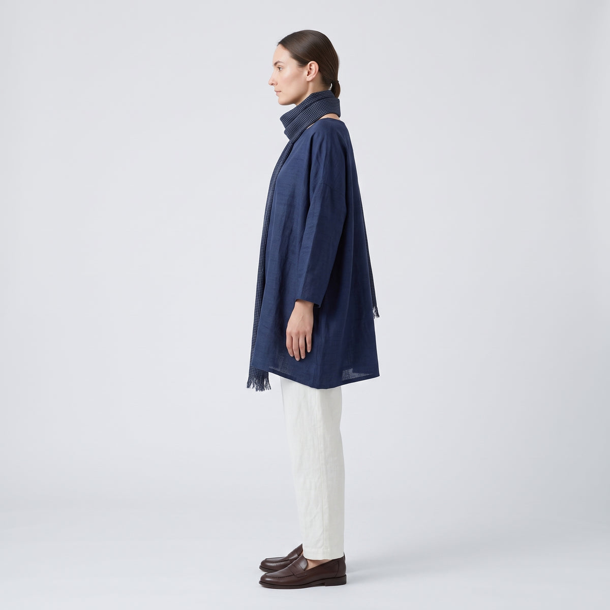 ESKANDAR Navy Grid Fringed Scarf - view 3