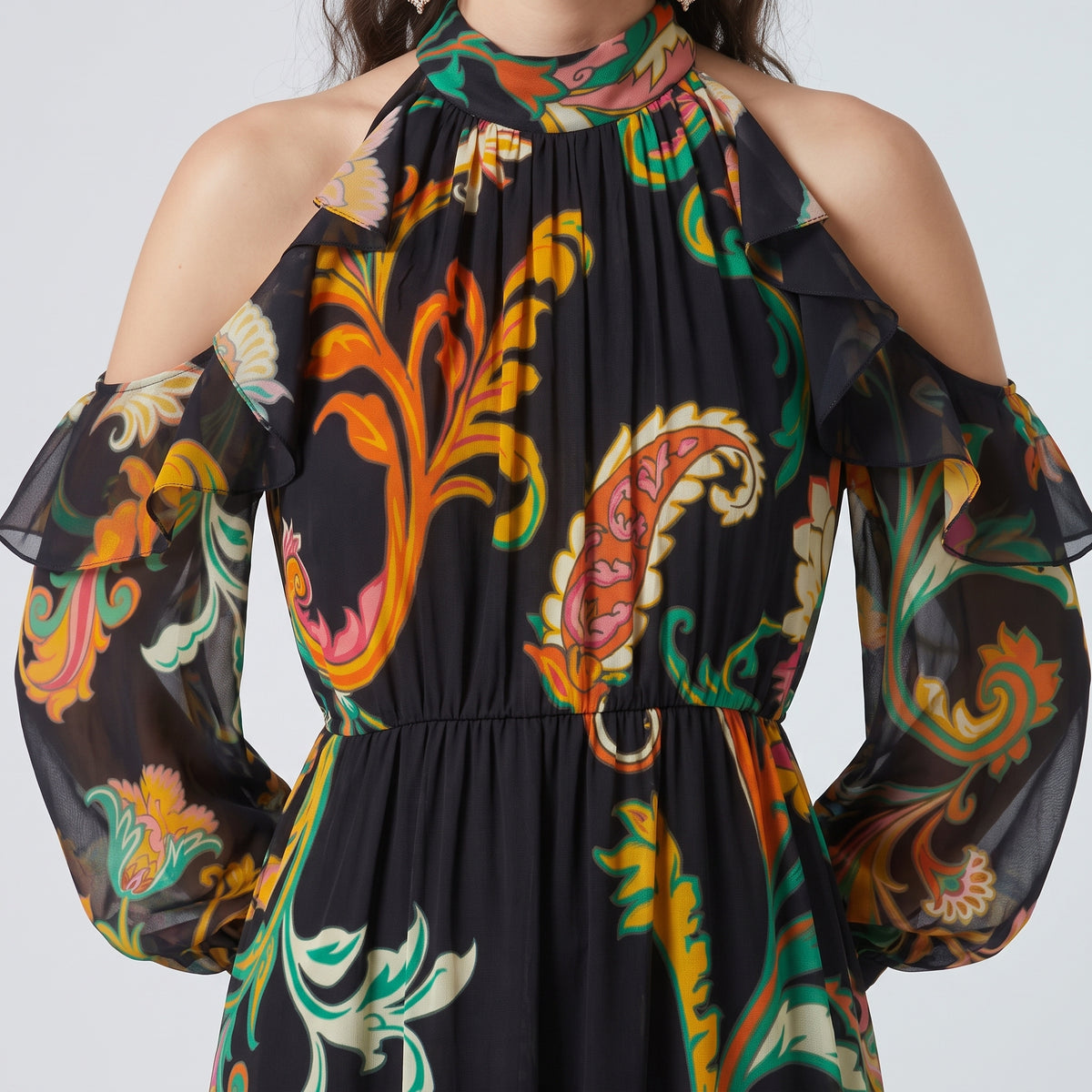 Paisley Cold-Shoulder Midi Dress