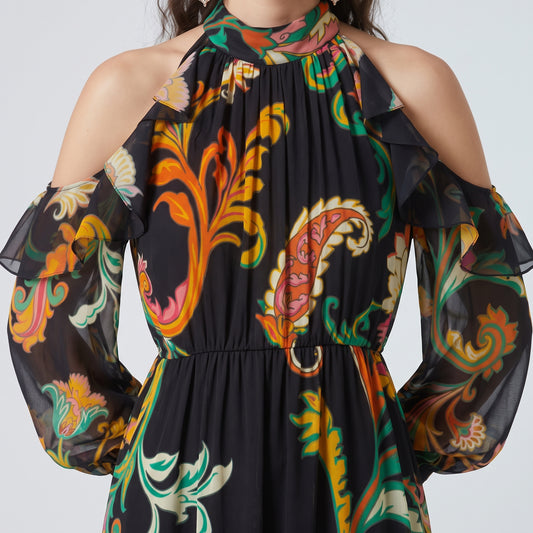Paisley Cold-Shoulder Midi Dress