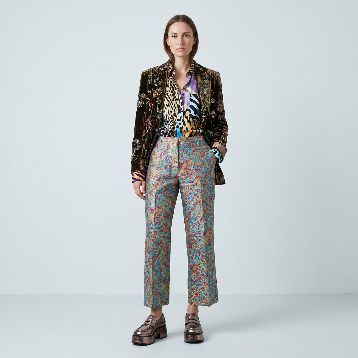 Turquoise Jacquard Cropped Trousers