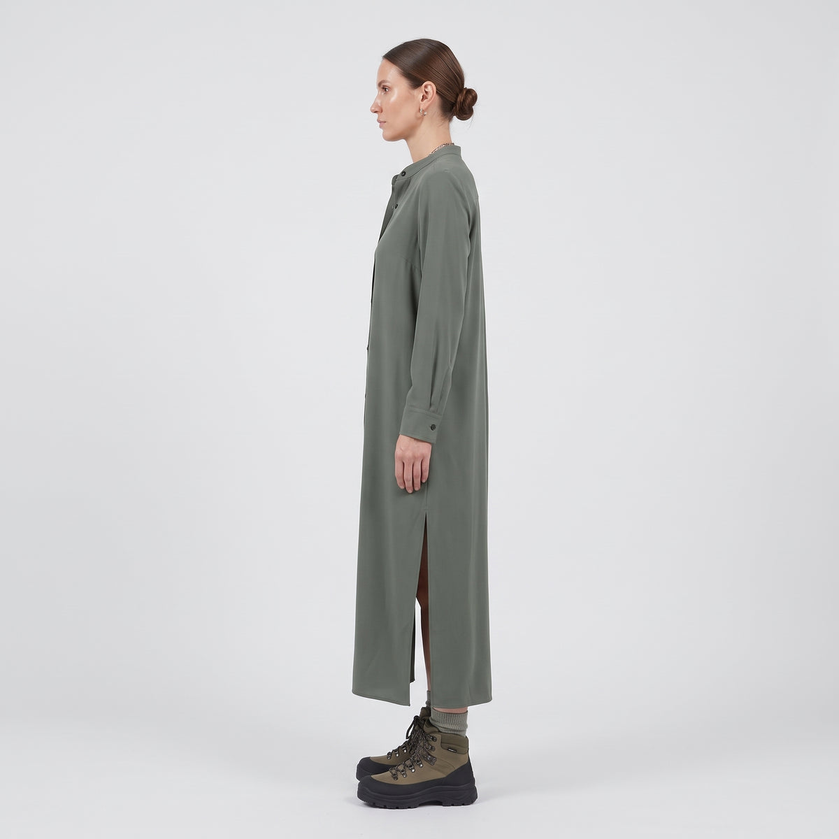 Band Collar Midi Shirt Dress