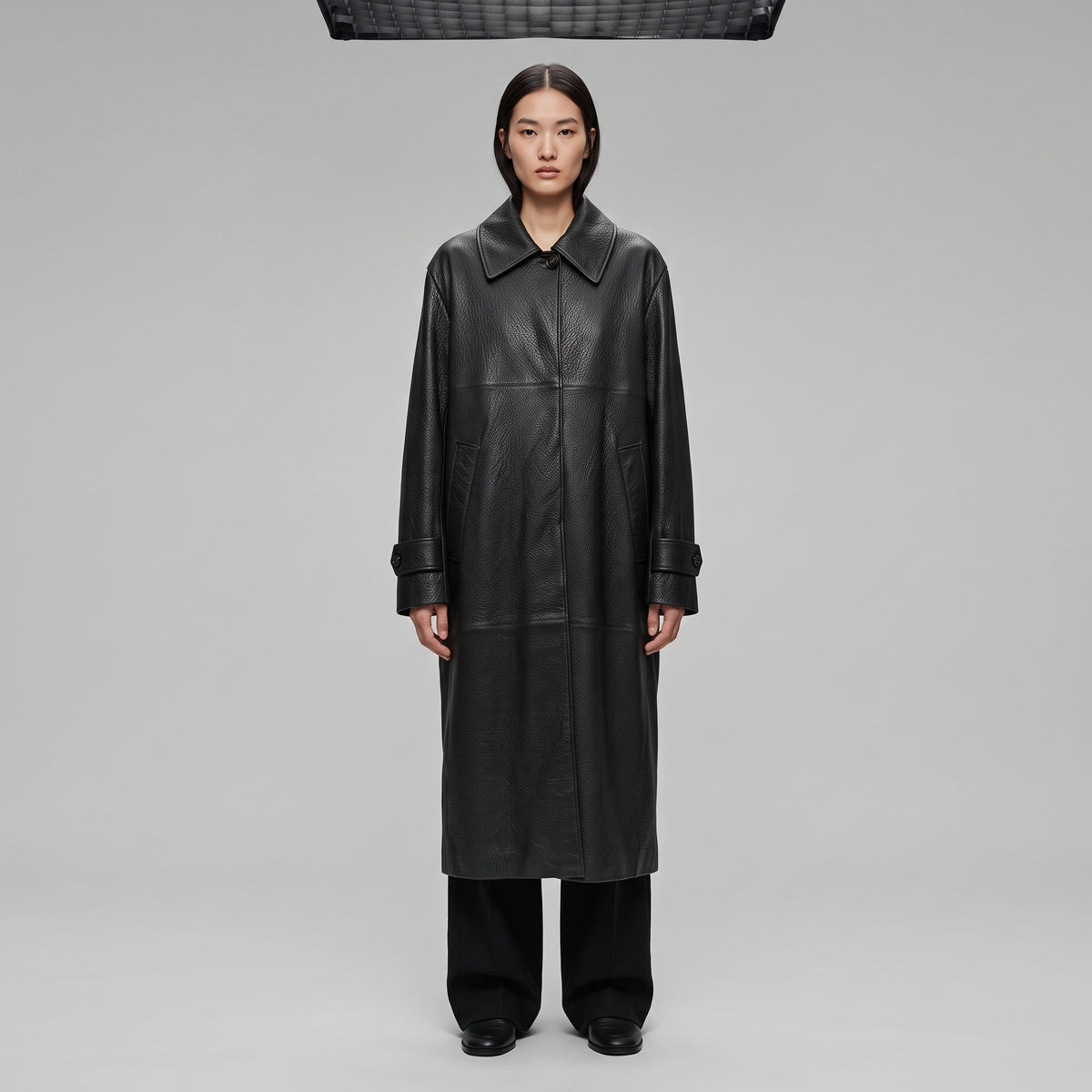 RODEBJER Black Textured Leather Long Coat - view 3