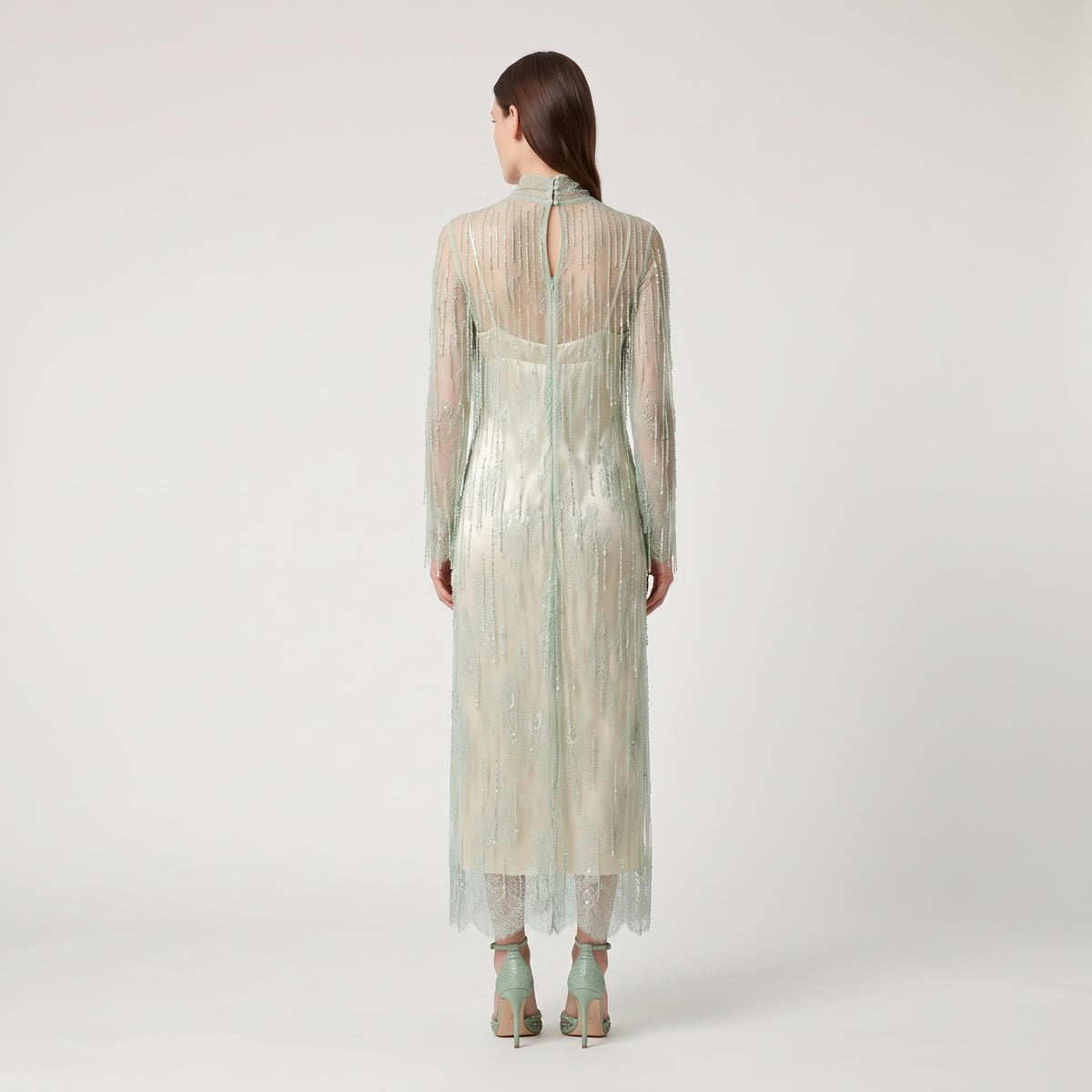 Beaded Mesh Layered Midi Dress