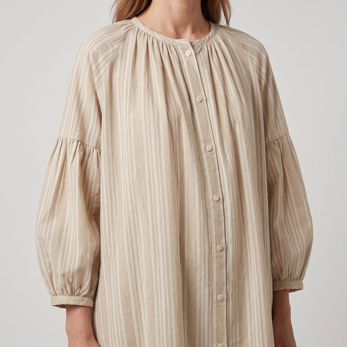 Striped Gathered Cotton Midi Dress