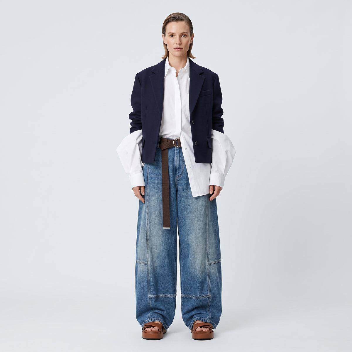 Paneled Wide Leg Denim Jeans