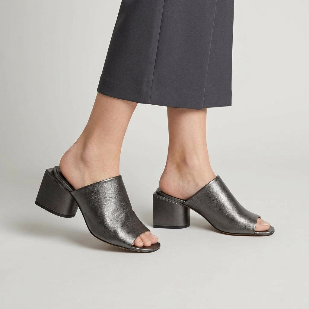 Metallic Leather Block Heel Mules