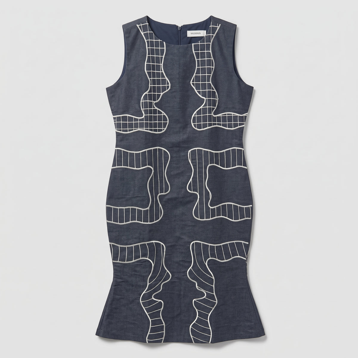 Navy Embroidered Abstract Fluted Dress