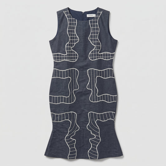 Navy Embroidered Abstract Fluted Dress