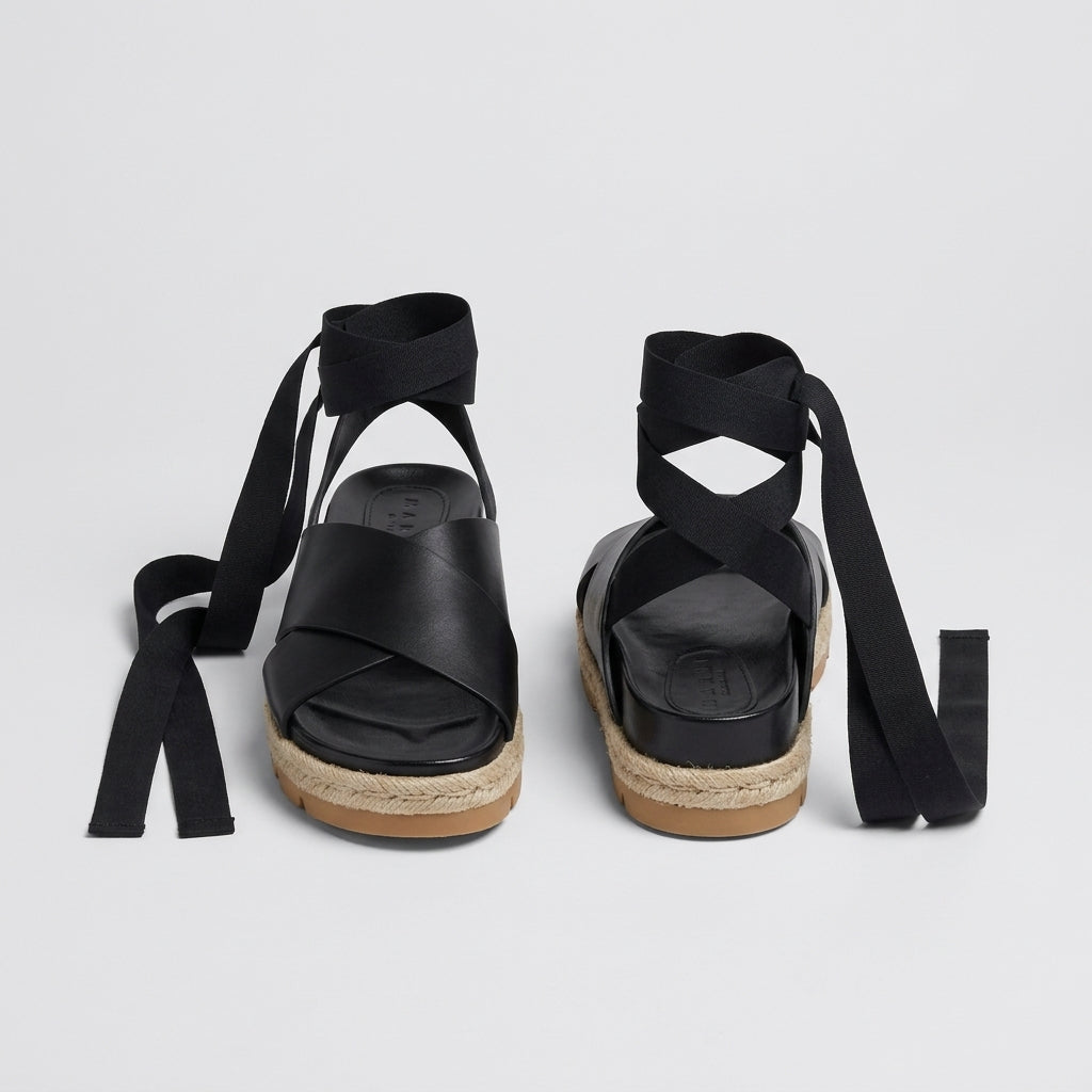 Black Leather Wrap Platform Sandals