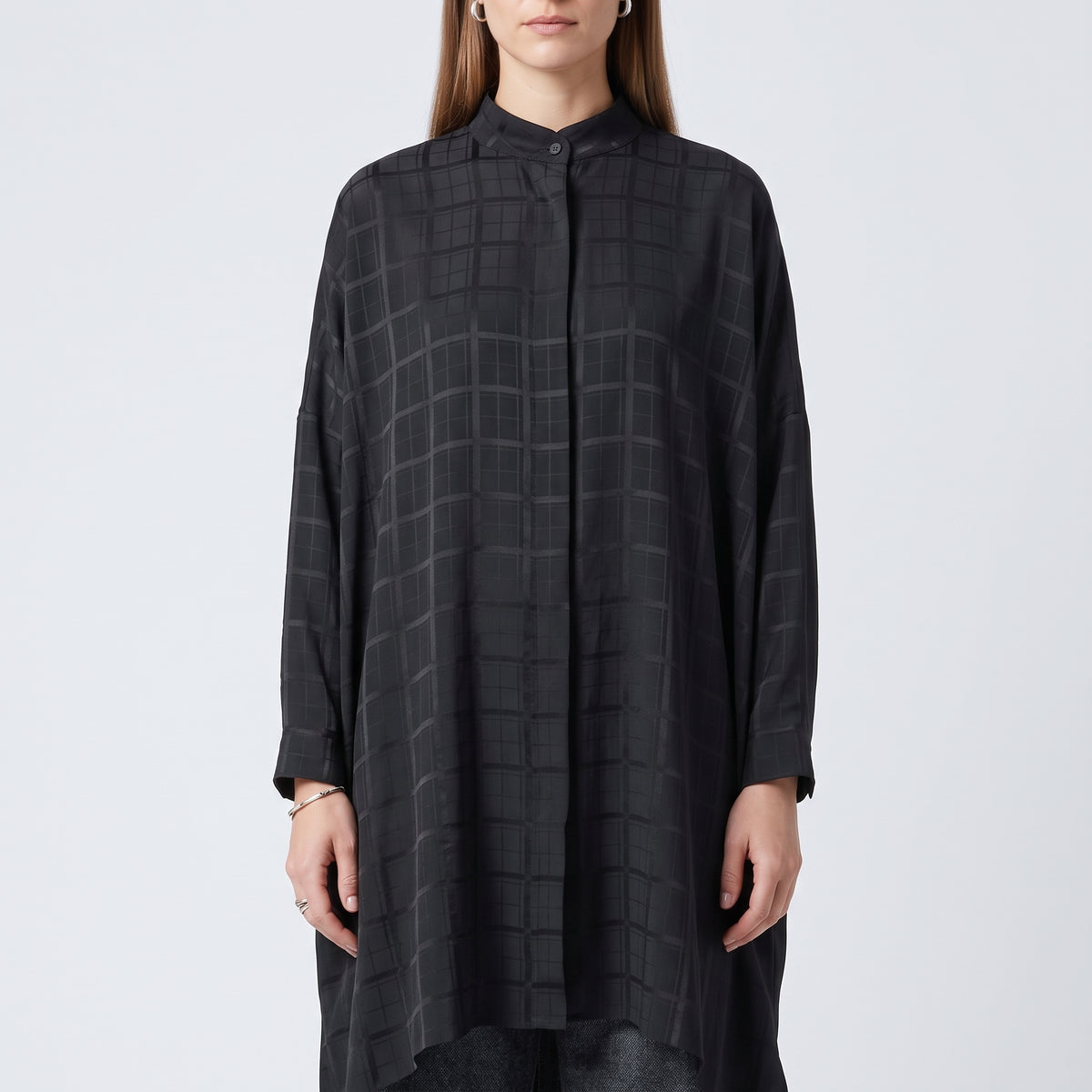 ESKANDAR Grid Textured Mandarin Collar Shirt - view 2