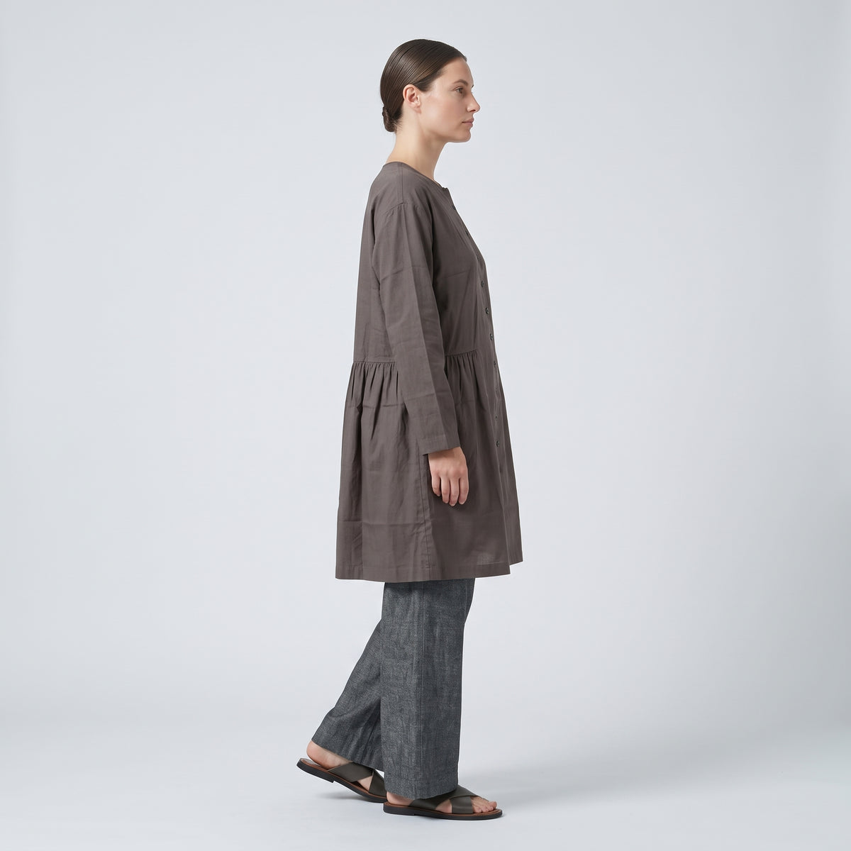 ESKANDAR Brown Collarless Long Tunic Shirt - view 4