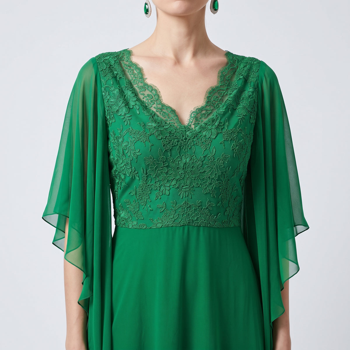 Emerald Lace Cape Sleeve Gown